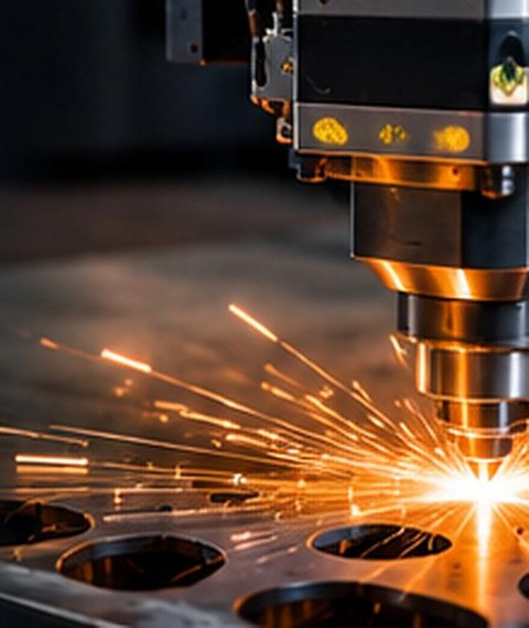 Cabeçote de corte a laser lançando faíscas sobre uma chapa metálica
