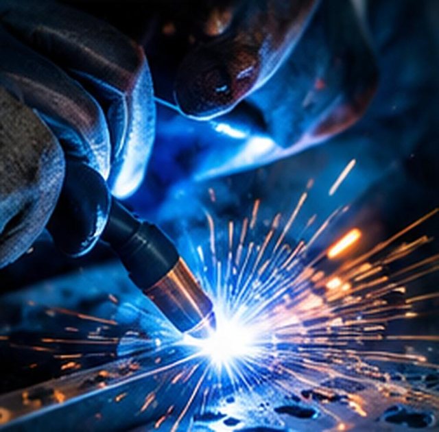 Soldagem de componente metálico, com brilho azul do arco